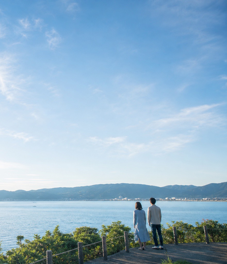 朝の海を眺めながら、これからの家計を話し合う二人